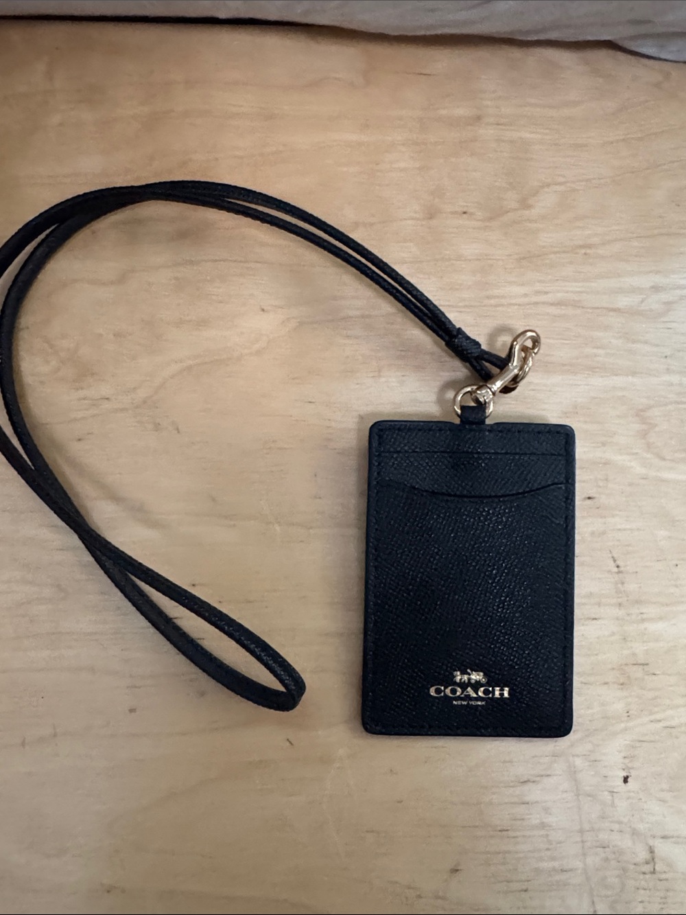 Coach Black Saffiano Leather ID Card Holder Lanyard with Gold Hardware